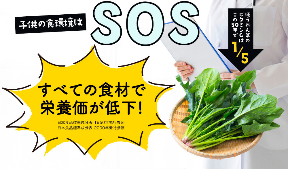 子供の食環境はSOS　すべての食材で栄養価！ほうれん草のビタミンCはこの50年で1/5　日本食品標準成分表 1950年発行参照　日本食品標準成分表 2000年発行参照